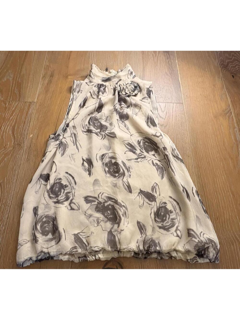 Elena Solano Cream Silk Floral Sleeveless Top Elegant Parisian Chic Large